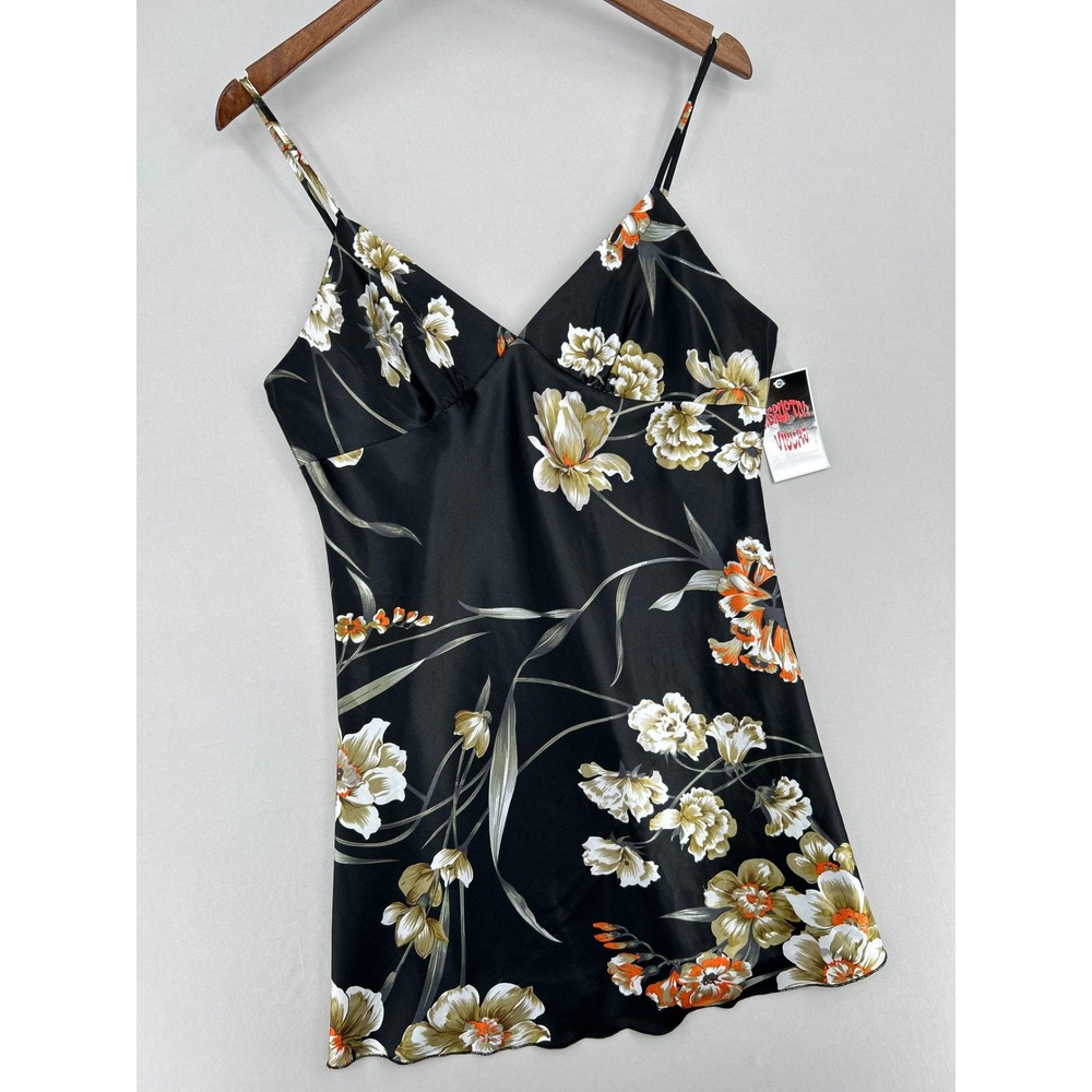 Black Floral Satin Slip Dress V-Neck Adjustable Straps Womens Medium - Picture 3 of 16
